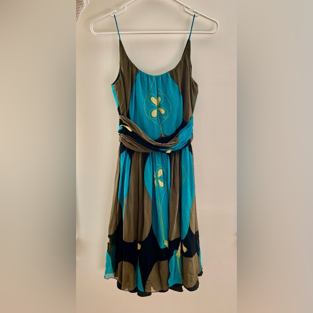 Anna Sui for Anthropologie ⭐️ 100% silk, Teal, Brown & Yellow Mini Dress, Size 4